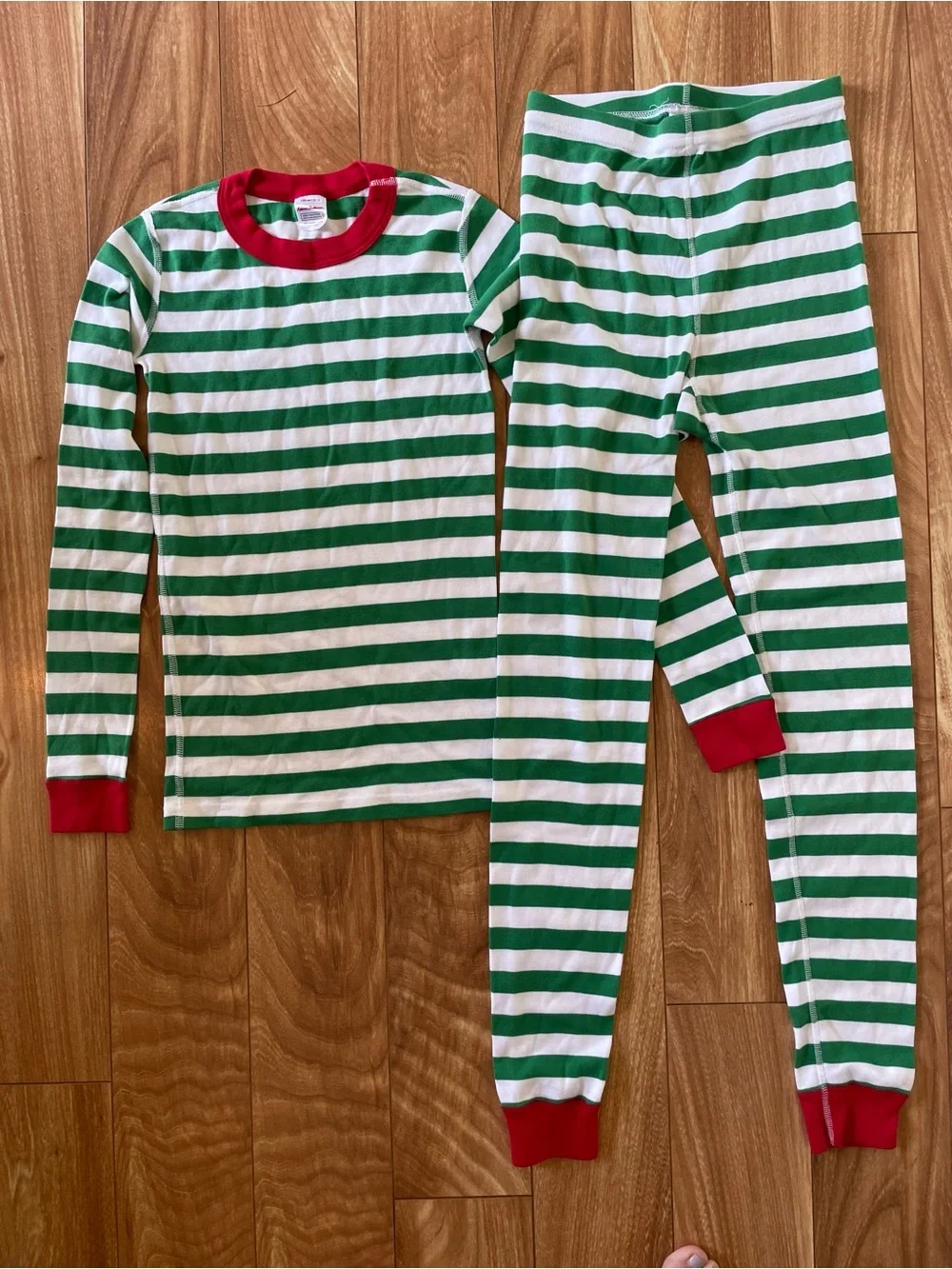 Hanna Andersson Green & White Striped Cotton Pajama Set with Red Trim Size 12